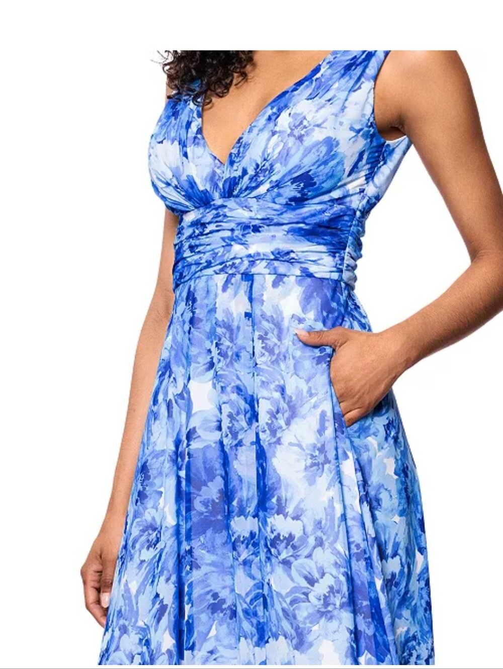 NWT Betsy & Adam Blue Floral Chiffon V Neck Pleated Maxi Gown Dress 6 $259 - Picture 3 of 15